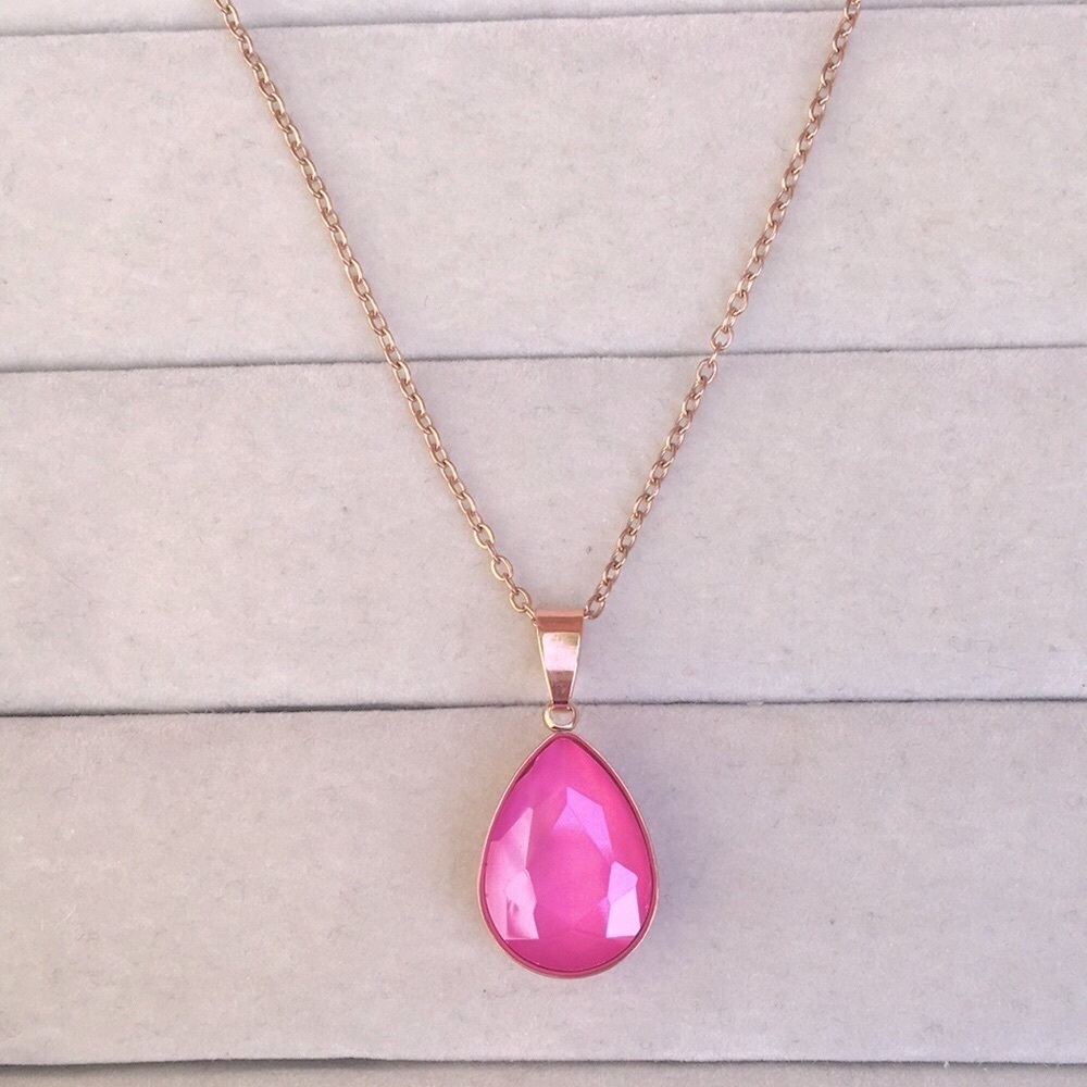 Hot Pink + Rose Gold Crystal Pear Drop Pendant Necklace